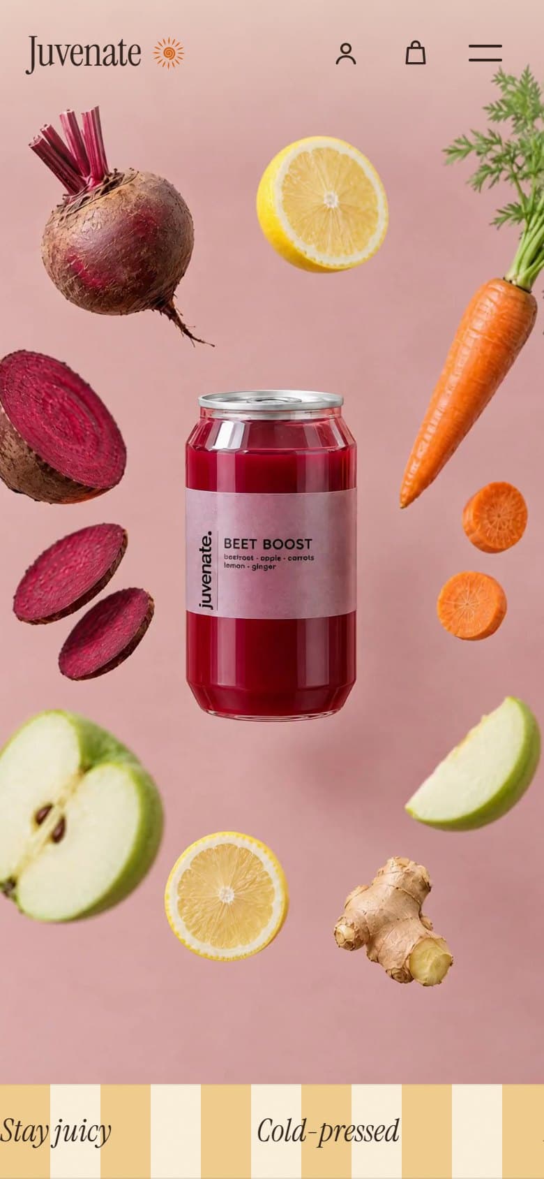 The Juvenate home page on a phone: the Beet Boost can among its produce, in portrait