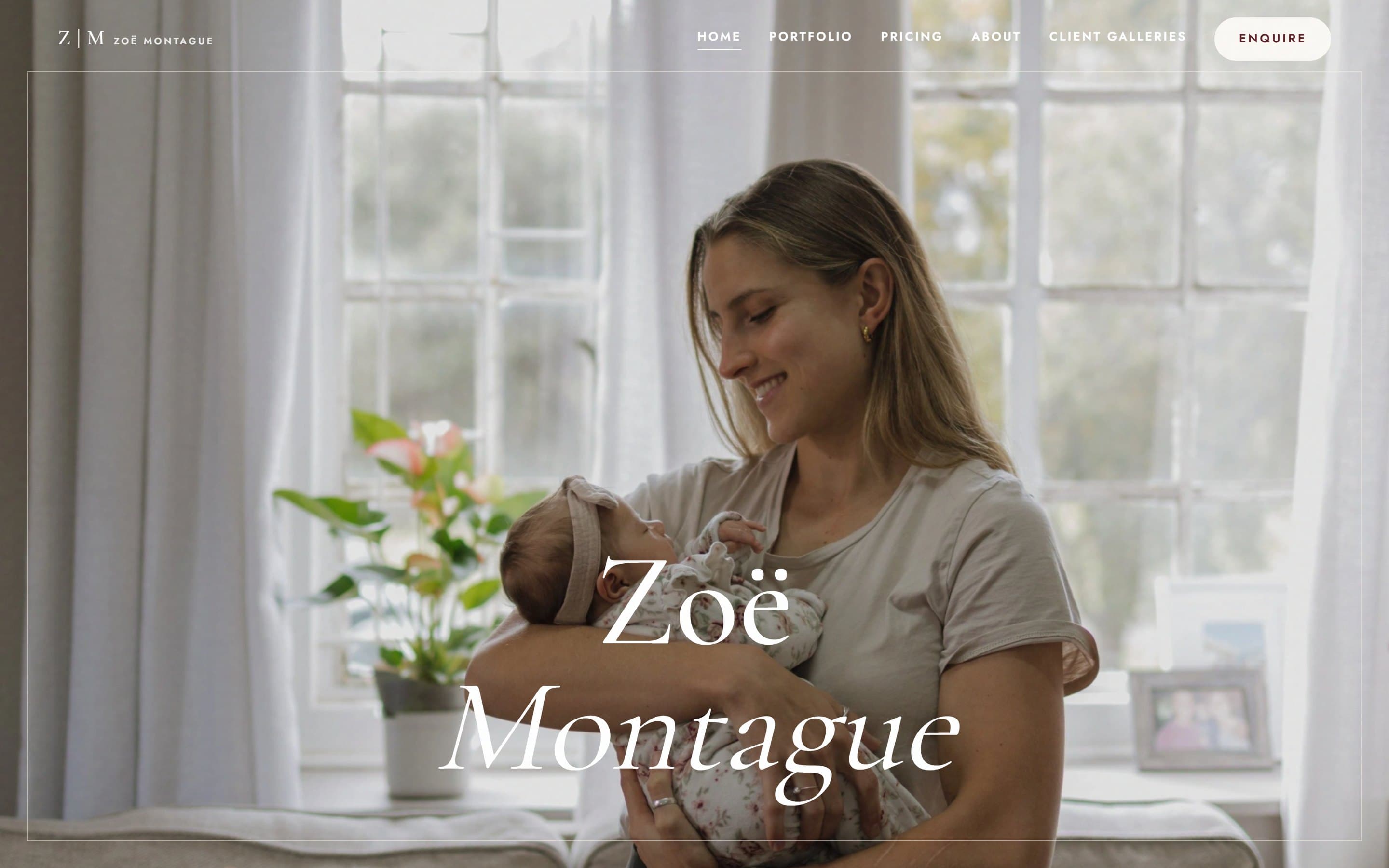 The Zoë Montague Photography home page: a mother smiling down at her newborn by a bright window, with the name set over the photo